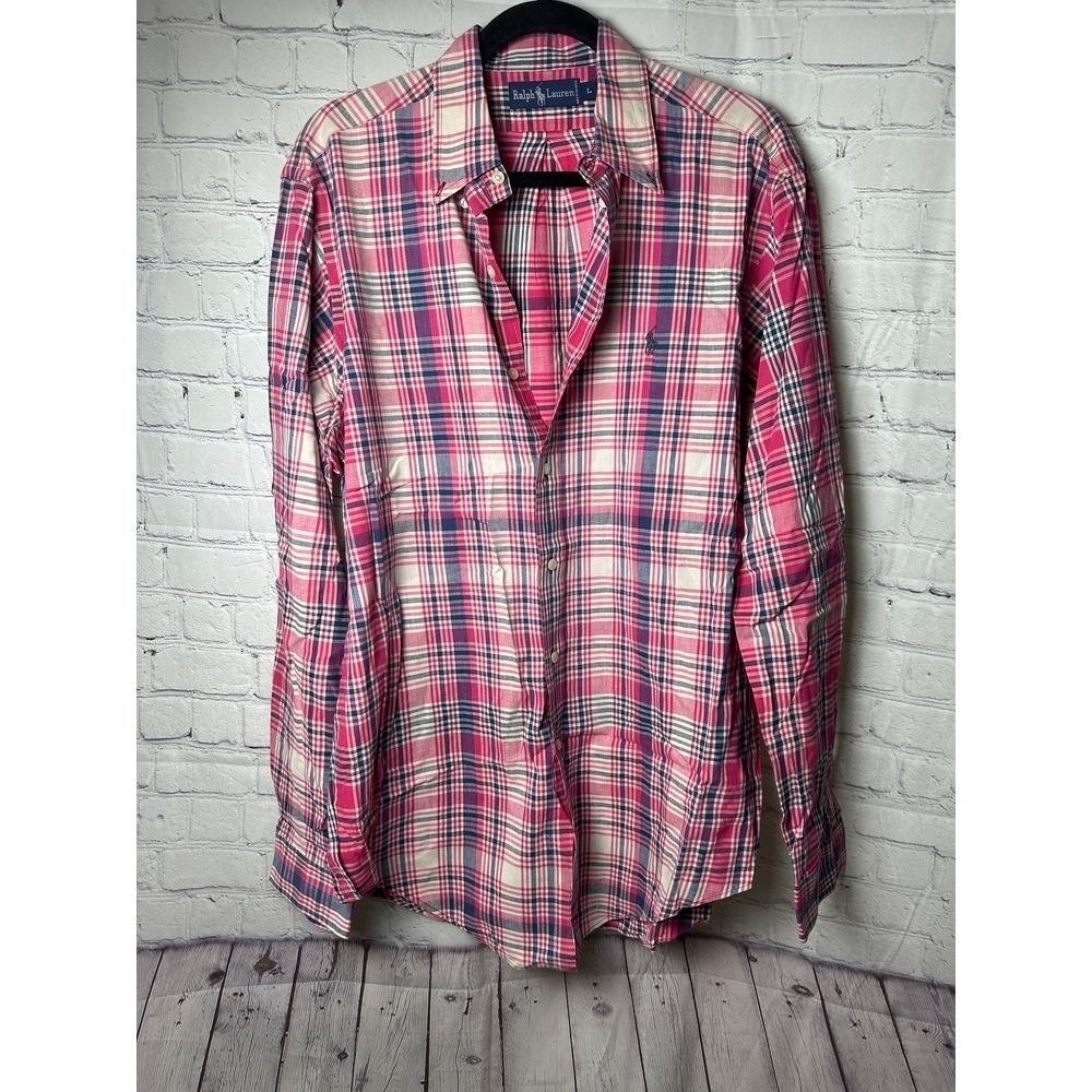 Ralph Lauren  Pink Navy Plaid Button Down Shirt Long Sleeve Pony Logo L